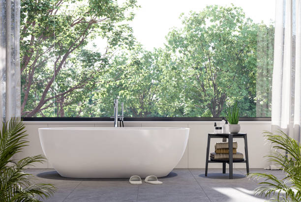 istock Modern style bathroom with blurry nature view background 3d render 1363384314