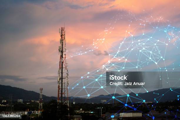 Telecommunication Tower For 2g 3g 4g 5g Network During Sunset Antenna Bts Microwave Repeater Base Station Iot Technology Concept In Internet And Mobile Communication Stock Photo - Download Image Now