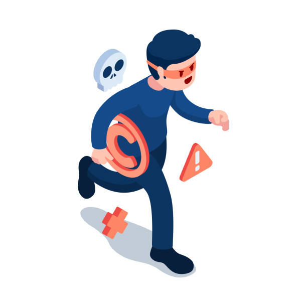 Isometric Thief Stole Copyright Symbol and Running Away Flat 3d Isometric Thief Stole Copyright Symbol and Running Away. Intellectual Property and Copyright Infringement Concept. copyright symbol 3d stock illustrations