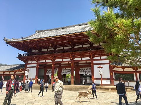 Kyoto, Japan - April 13, 2018: Nara Park. The main gate to the Todaiji temple complex. Tourists walk near the temple.