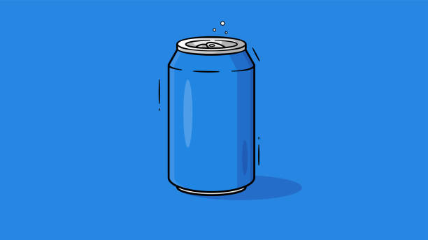 soda can in aluminium. bottled drink, vitamin juice, carbonated or natural water in cans, vector illustration isolated on a blue background - kalay stock illustrations