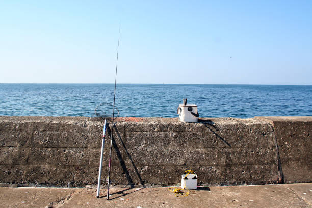 estilo japonês tradicional de equipamento de pesca em uma fotografia de cais tirada para trás. - fishing supplies - fotografias e filmes do acervo