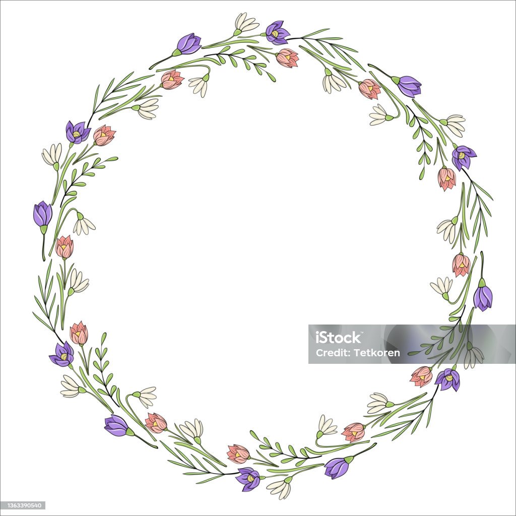 Round Circle Frame With Spring Flowers Hand Drawn For Design Stock ...