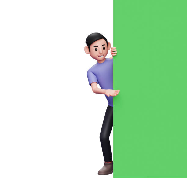 3d Character Illustration Casual Man Peeping Showing Something On A Roll Up Green Screen Banner Stock Photo - Download Image Now - iStock 3d Character Illustration Casual Man Peeping Showing Something On A Roll Up Green Screen Banner Stock Photo - Download Image Now - iStock