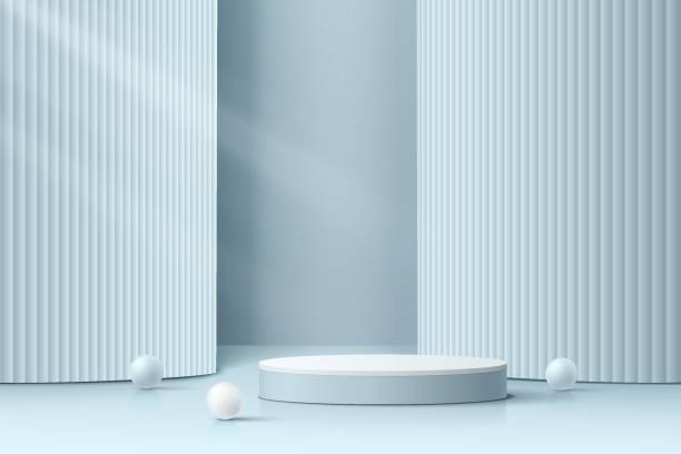 istock Realistic blue 3D cylinder pedestal podium with vertical pillar layers background. Minimal scene for products showcase, Promotion display. Vector abstract studio room platform design. Stage showcase. 1363392055