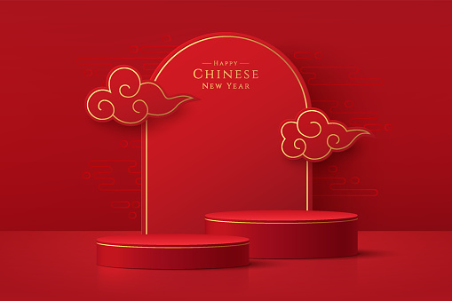 Realistic dark red and gold 3D cylinder pedestal podium set with red arch backdrop. Minimal scene for products showcase, Promotion display. Abstract studio room platform. Happy lantern day concept.