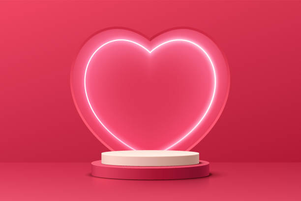 istock Realistic red 3D cylinder pedestal podium with illuminate lamp heart shape background. Valentine minimal scene for products showcase, Promotion display. Vector abstract studio room  platform design. 1363393833