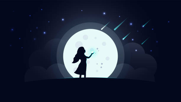 ilustraciones, imágenes clip art, dibujos animados e iconos de stock de boceto silueta de una niña a la luz de la luna, luna llena - improvisar