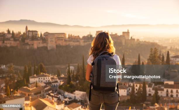 Woman Traveler In Europa Alhambra In Spain Stock Photo - Download Image Now - Travel, Travel Destinations, Tourism