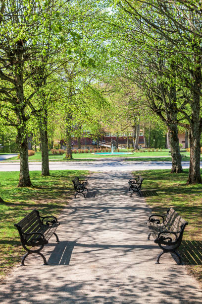 istock Park benches at path in a public park at spring 1363400912