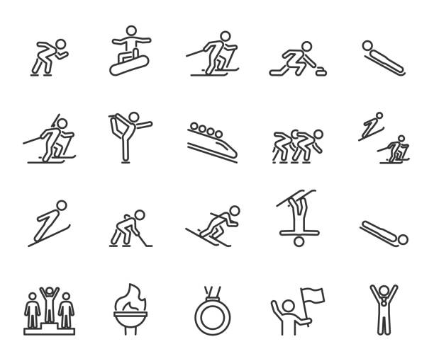 ilustrações de stock, clip art, desenhos animados e ícones de vector set of winter sports line icons. contains icons speed skating, figure skating, snowboarding, alpine skiing, biathlon, curling, hockey, ski jumping, medal and more. pixel perfect. - slalom skiing