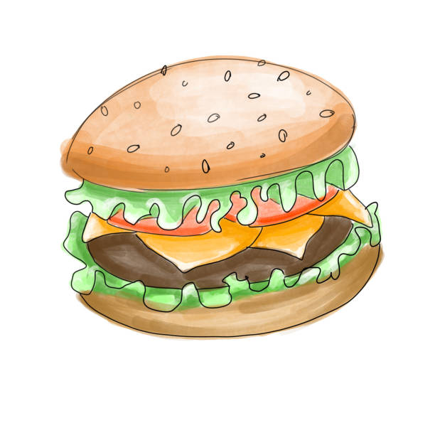 рисовать от руки цифровую иллюстрацию фастфуд выделен в белом цвете. сэндвич, гамбургер, бургер. вкусная мультяшная еда - hot dog hamburger burger grilled stock illustrations
