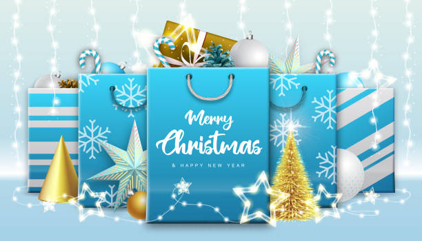 istock Christmas holiday background with paper bags or gift boxes with presents and christmas decorations. Vector illustration 1363405083