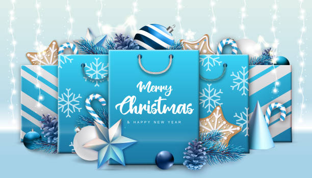 istock Christmas holiday background with paper bags or gift boxes with presents and christmas decorations. Vector illustration 1363405126