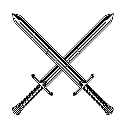 Crossed sword vector illustration in black and white.