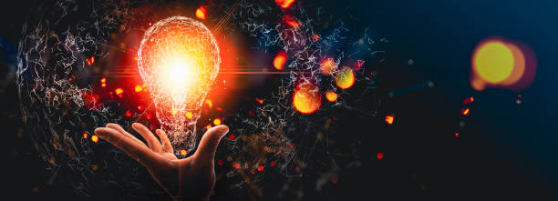 istock Creativity on connectivity.Innovative idea.Inspiration and network. Hand showing digital light bulbs as symbol of innovation on global network connection. 1363405306