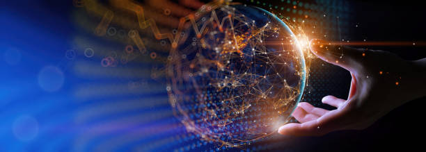 istock Businessman hand holding night grow earth and global online networking connection with data exchanges, global communication network security concept, 1363405950
