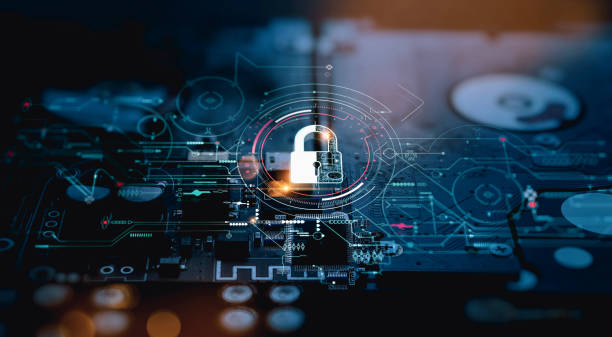 Cyber security.Digital padlock icon,Cyber security technology network and data protection technology on virtual dashboard.Online internet authorized access against cyber attack and privacy business data concept. stock photo