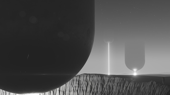 Black an White Moon Giant Alien Capsule Space Laser Planet Mining Night Stars Light Astronomy 3d illustration render