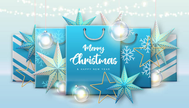 Christmas holiday background with paper bags or gift boxes with presents and christmas decorations. Vector illustration Christmas holiday background with paper bags or gift boxes with presents and christmas decorations. Vector illustration christmas star shape christmas lights blue stock illustrations
