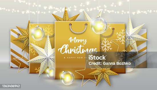 istock Christmas holiday background with paper bags or gift boxes with presents and christmas decorations. Vector illustration 1363406942