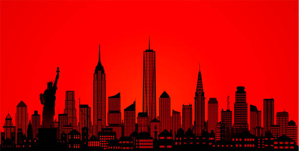 illustrations, cliparts, dessins animés et icônes de new york (tous les bâtiments sont mobiles et complète) - new york city panoramic statue of liberty skyline