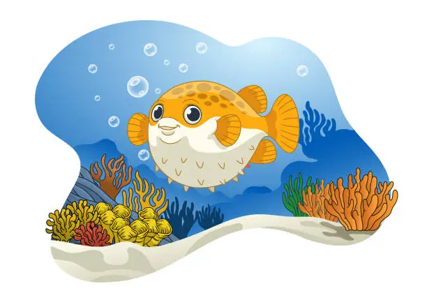 Vector illustration of Puffer Fish cartoon live in the coral reef