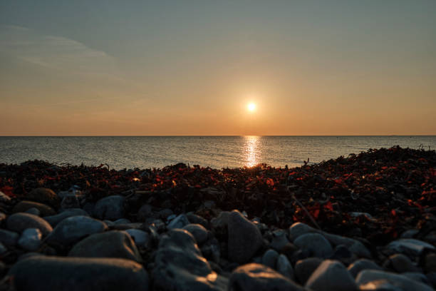 Romantic sunset with golden light over the baltic sea at a pebble beach of Fehmarn Island, Germany
