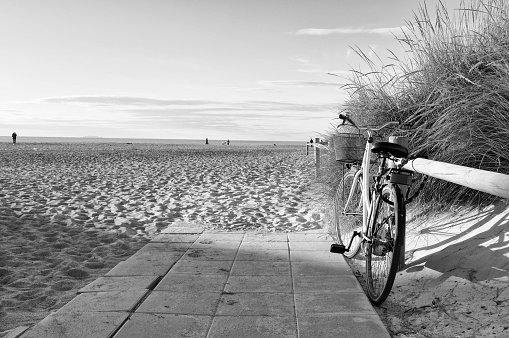 Bike in the sand path through the dunes, Florida, USA. Copy Space.