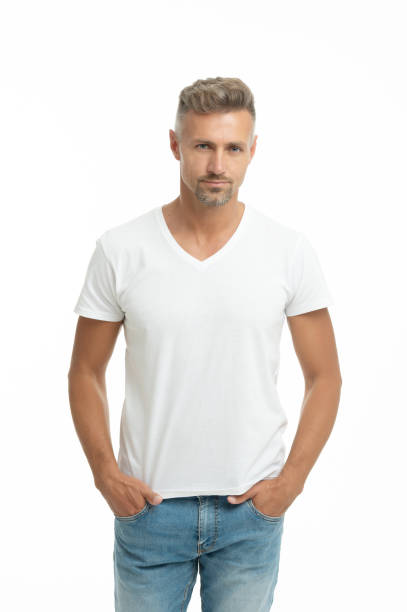 istock Hey, dude. Dude isolated on white. Handsome man in white tshirt. Unshaven guy keep hands in pockets 1363418133