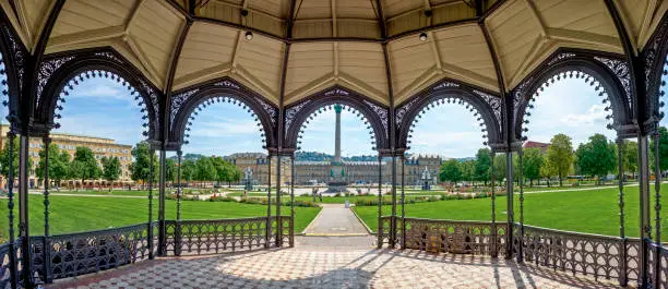 Panoramic view from the music pavilion to the Schloßplatz in Stuttgart's city centre in summer