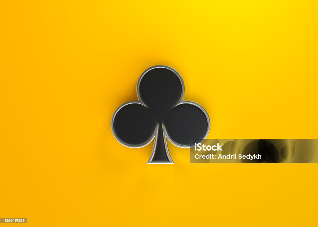 Aces playing cards symbol clubs with black colors isolated on the yellow background Aces playing cards symbol clubs with black colors isolated on the yellow background. Top view. 3d render illustration Blackjack Stock Photo