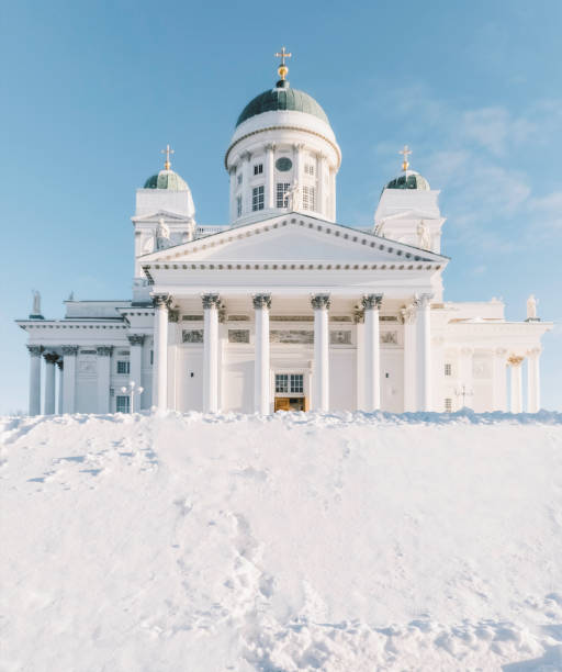 Senat Square and The Lutheran Cathedral in the snowy winter morning time. Helsingin tuomiokirkko (Suurkirkko)