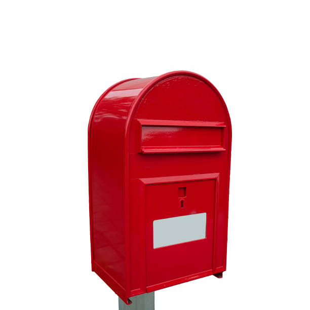 istock Big fancy red metal postbox with white empty note space for address isolated at white background. Concept of communication and post service. 1363424713