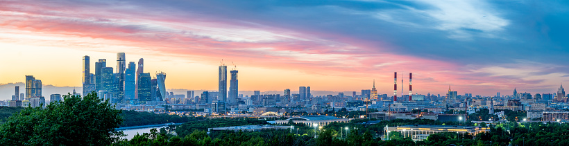 Dramatic sunset over Moscow. The Moscow International Business Center (Moscow-City) is on the left.