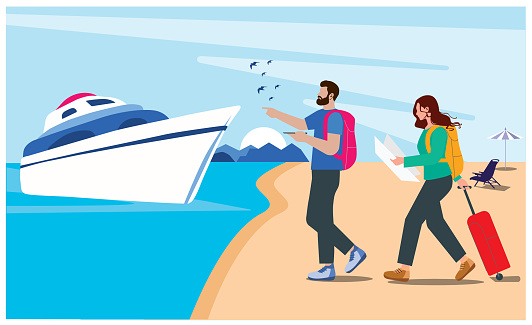 Romantic Tour, Love Couple Travel Together, Happy Young Man and Woman Dating on Boat and Couple tourists traveling by Boat. beautiful beach sea landscape Vector Illustration. and Couple on ship