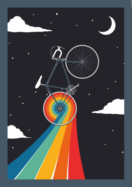 cycling to the moon Simple Line drawing of a racing bike. pastel color. Flying to the moon retro bicycle stock illustrations