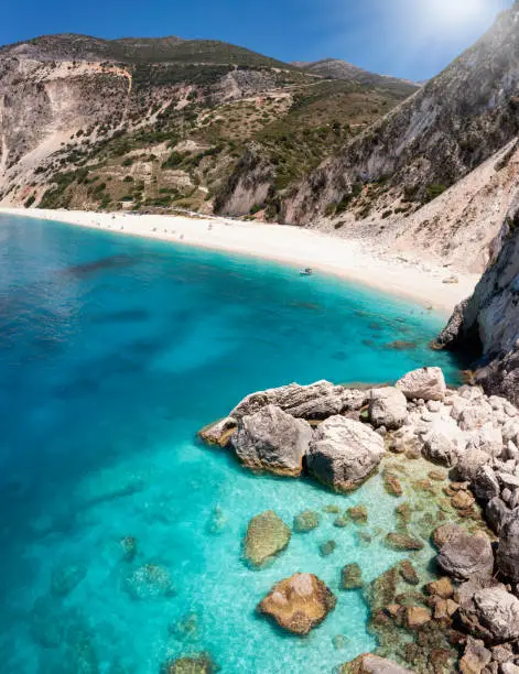 Aerial view of the beautiful Myrtos beach with turquoise and emerald sea on the island of Kefalonia, Ionian Sea, Greece