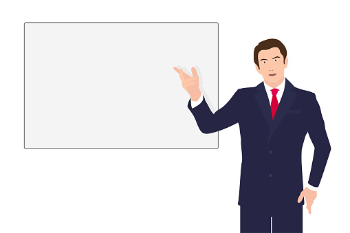 Businessman making a delightful presentation from an blank whiteboard. Mock up template. Flat vector illustration