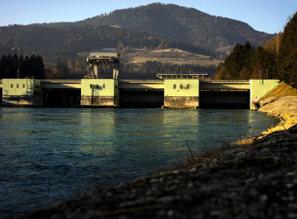 Hydroelectric power generating man made dam Hydroelectric power generating man made dam located in Dravograd, Slovenia joule stock pictures, royalty-free photos & images