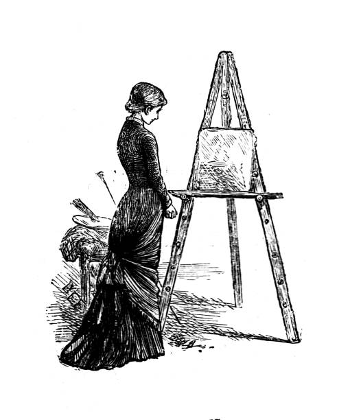Victorian Woodcut Female Artist Working At Easle White Background