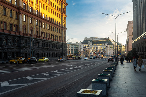 Moscow cityscape at sunset. View of Lubyanskaya square.