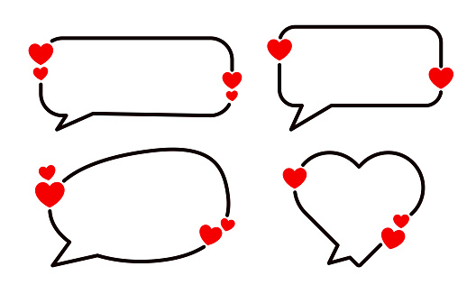 Set of black speech bubbles with red hearts. Space for text. Wedding, birthday, Valentine's Day. Vector holiday illustration.