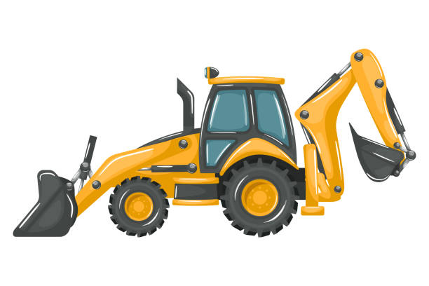 ilustrações de stock, clip art, desenhos animados e ícones de heavy machinery with cartoon style yellow backhoe for construction and mining work - coal crane transportation cargo container