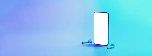 istock Device mockups. Mobile smartphone technology blank screen. Mock up smart phone device, audio headphones equipment on neon gradient banner background. Mockup for application or website design project. 1363438365