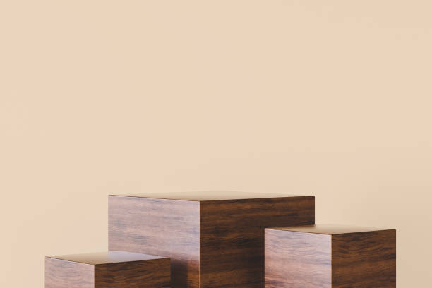 istock 3d render. Minimal scene of three empty wooden geometric podiums on an beige background 1363438465