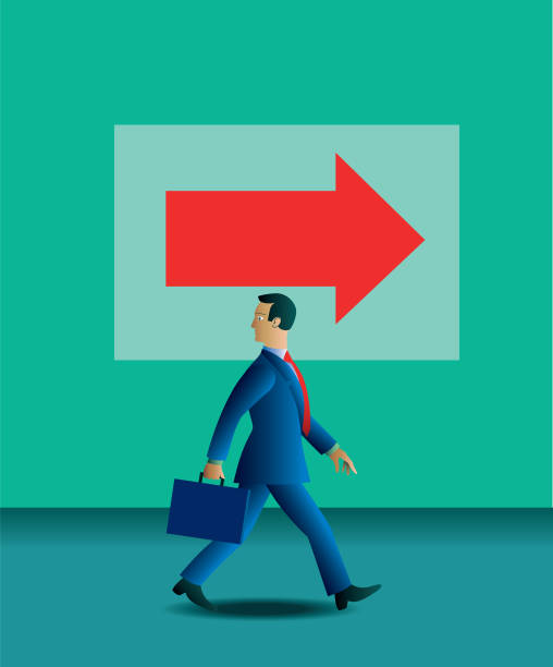 Walking and facing backward A large arrow sign points right. A businessman is walking that way but his head is turned to look behind. He looks into the past, rather than into the future. ignorant stock illustrations