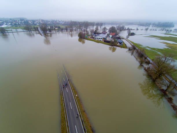 Aerial view with drone of the flood of the Danube near Daugendorf near Riedlingen Drone picture riedlingen stock pictures, royalty-free photos & images