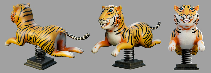 A 3D rendering of a set of antique tiger playground spring rider toys is shown on a gray backdrop.