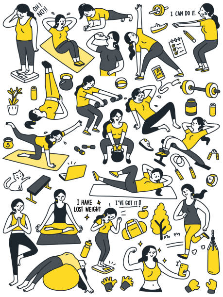 ilustraciones, imágenes clip art, dibujos animados e iconos de stock de doodle juego de personajes de la mujer de entrenamiento - healthy life style illustrations